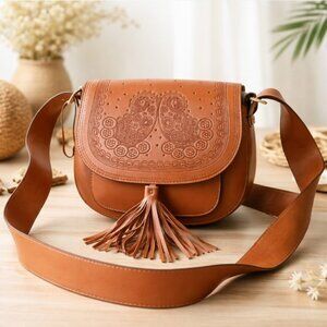 Atmosphere Primark Tooled Leather Crossbody Shoulder Bag Brown Tassel